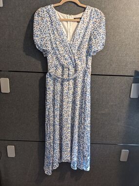 Dkny Blue and White Floral Wrap Midi Dress